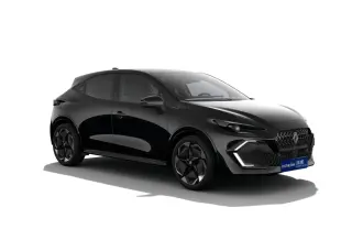 Renault Clio Techno full hybrid noir vue 3/4 avant droit avec calandre et feux LED distinctifs.