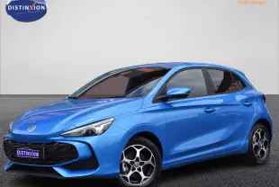 MG3 1.5 Hybrid+ 195 Luxury bleu en 3/4 avant droit avec jantes alliage 16 pouces et phares LED.