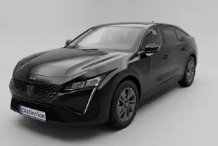 Peugeot 408 Hybrid noir vue 3/4 avant droit, avec calandre distinctive et jantes alliage 17 pouces.