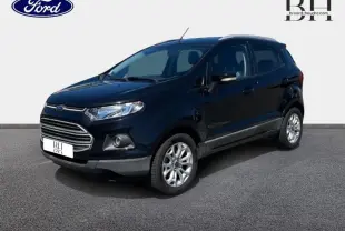 Ford EcoSport noir Scala en 3/4 avant droit, avec barres de toit et jantes alliage 16 pouces visibles.