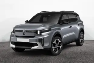 Citroën C3 Aircross hybride gris Mercury avec toit noir, vue 3/4 avant mettant en valeur ses feux LED et jantes bicolores.