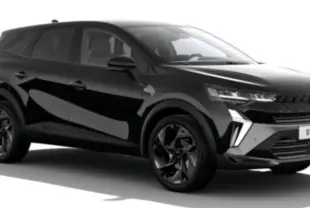Vue 3/4 avant droit du Renault SYMBIOZ noir esprit Alpine E-Tech, avec phares LED et jantes noires distinctives.