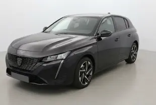 Peugeot 308 Hybrid noir vue 3/4 avant droit, avec calandre distinctive et jantes alliage 17 pouces.