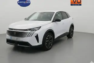 Peugeot 3008 Hybrid blanc en 3/4 avant droit, avec calandre distinctive et jantes alliage 19 pouces.