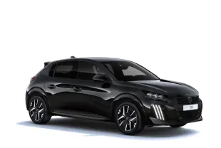 Peugeot 208 1.2 Hybrid 145ch GT noir perla en vue 3/4 avant droit avec feux LED verticaux distinctifs.