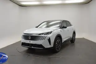 Peugeot 3008 blanc Okenite vue 3/4 avant droit, toit noir et calandre au design moderne en studio.