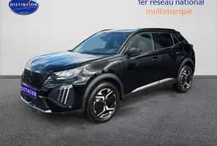 Peugeot 2008 noir vue 3/4 avant droit, avec jantes alu et feux LED distinctifs.