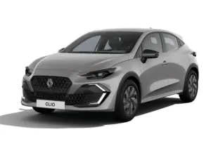 Renault Clio VI TCe 115ch Techno gris Rafale vue 3/4 avant droit avec calandre noire et feux LED distinctifs.