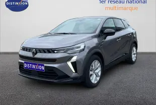Renault Symbioz gris cassiopée métal en 3/4 avant droit, avec calandre moderne et feux LED distinctifs.