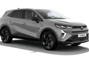 Renault Symbioz 2026 gris Rafale en 3/4 avant droit, avec jantes noires et signature lumineuse distinctive Esprit Alpine.