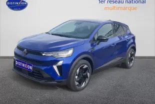 Renault Captur 2025 Bleu Iron en 3/4 avant droit, avec jantes alu noires et détails noirs contrastants.