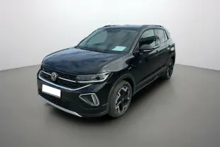 Volkswagen T-Cross TSI 116 DSG7 R-Line noir intense en 3/4 avant avec jantes alu 17 pouces et barres de toit.