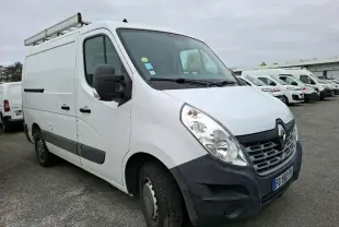 Renault Master blanc en vue 3/4 avant droit, avec galerie de toit et rétroviseurs noirs, stationné parmi d'autres utilitaires.
