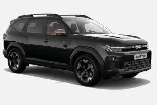 SUV Dacia Bigster noir nacré en vue 3/4 avant droit, avec rétroviseurs couleur bronze et calandre distinctive.