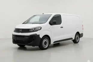 Opel Vivaro blanc en 3/4 avant droit, fourgon utilitaire avec pare-chocs noirs et jantes acier 16 pouces.