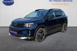 Citroën C5 Aircross bleu Eclipse métal en 3/4 avant droit, avec jantes noires et toit noir contrasté.