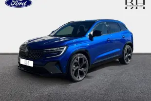 Renault Austral bleu Iron en 3/4 avant droit, avec jantes alu noires et calandre noire distinctive.