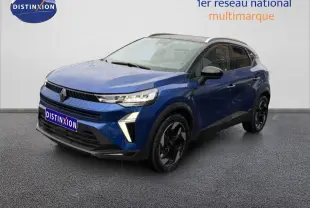Renault Captur 2025 bleu Iron Metal avec toit noir, vue 3/4 avant droit mettant en valeur ses optiques LED et jantes noires.