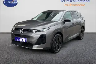 Citroën C5 Aircross Hybrid gris platinium métal en 3/4 avant droit, avec jantes noires et calandre moderne.