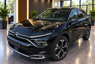 Citroën C5 X noir perla vue 3/4 avant droit, avec calandre distinctive et jantes bicolores modernes.