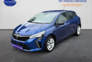 Renault Clio V bleu iron vue 3/4 avant droit, avec phares LED et jantes alliage argentées.