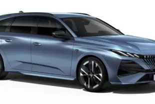 Peugeot 308 SW hybride bleu Ingaro vue 3/4 avant droit, avec calandre distinctive et jantes noires élégantes.