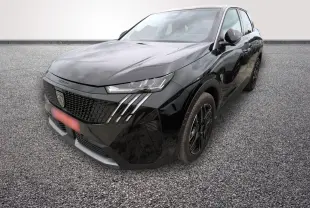 Peugeot 3008 noir vue 3/4 avant droit, avec calandre distinctive et jantes noires 19 pouces.
