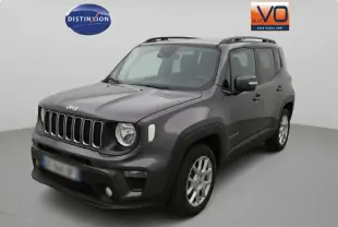 Jeep Renegade gris foncé en 3/4 avant droit, avec barres de toit et jantes alliage 17 pouces visibles.