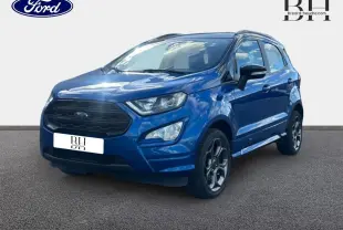 Ford EcoSport bleu Lightning en 3/4 avant droit, avec calandre noire et jantes alliage foncé visibles.