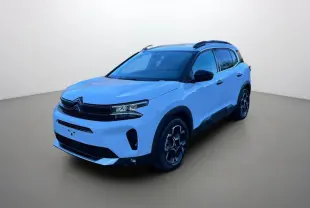 Citroën C5 Aircross Hybrid blanc okénite vue 3/4 avant droit avec barres de toit et jantes alu 18 pouces.