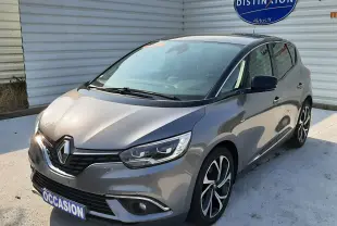 Renault Scénic IV gris Cassiopée avec toit noir, vue 3/4 avant droit, jantes alliage et calandre chromée.