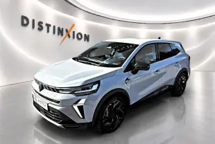 Vue 3/4 avant droite du Renault Symbioz gris rafale avec jantes noires et détails de calandre modernes.