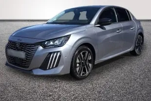 Peugeot 208 gris clair vue 3/4 avant droit, avec calandre noire distinctive et phares LED marquants.