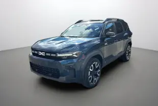 SUV Dacia Bigster Hybrid 155 Journey Plus bleu indigo, vue 3/4 avant avec toit noir et jantes alu 19 pouces.