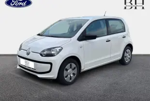 Volkswagen Up blanc Candy vue 3/4 avant droit, compacte avec phares halogènes et jantes acier à enjoliveurs.