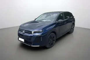 Citroën C5 Aircross New Hybrid 145 en bleu eclipse avec toit noir, vue 3/4 avant droit sur fond neutre.