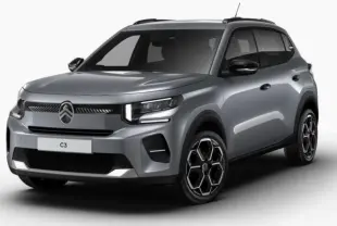 Citroën C3 hybride gris foncé vue 3/4 avant droit avec phares LED et jantes noires distinctives.