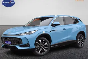 MG Motor EHS 1.5 Hybrid+ 224 ch Luxury bleu, vue 3/4 avant droit avec calandre large et jantes noires distinctives.