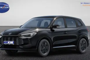 Vue 3/4 avant du SUV MG ZS 2025 Pebble Black avec calandre noire et jantes acier 16 pouces à enjoliveurs noirs.