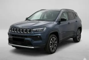 Jeep Compass bleu 2024 en vue 3/4 avant droit, avec calandre à sept fentes et jantes alliage 18 pouces.