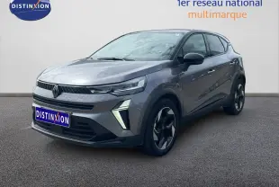 Renault Captur 2025 gris cassiopée métal avec toit noir, vue 3/4 avant droit, jantes 18 pouces bicolores.